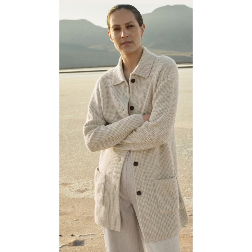 Poetry Cashmere 100% Cashmere Waffle Knit Coatigan Cardigan Gray 12 Quiet Luxury